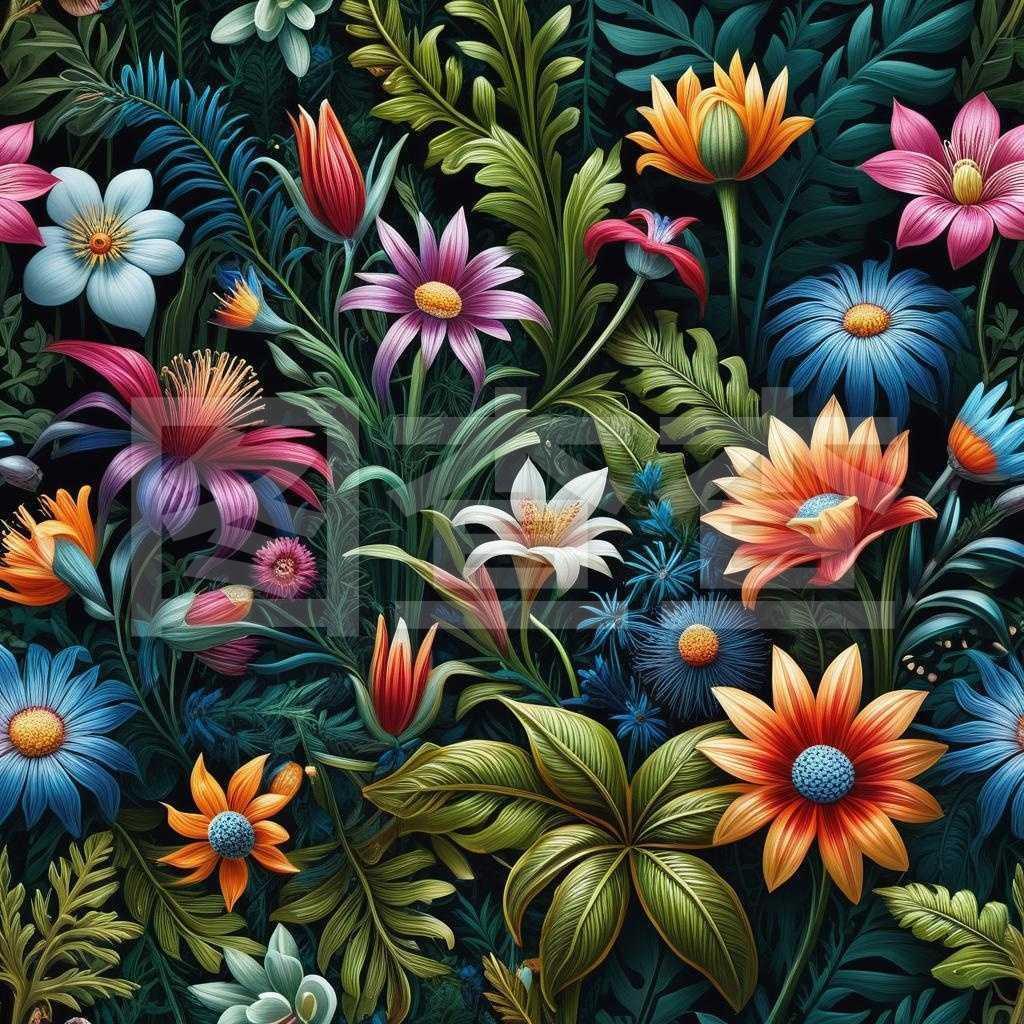 超細致賽博花卉叢林畫作